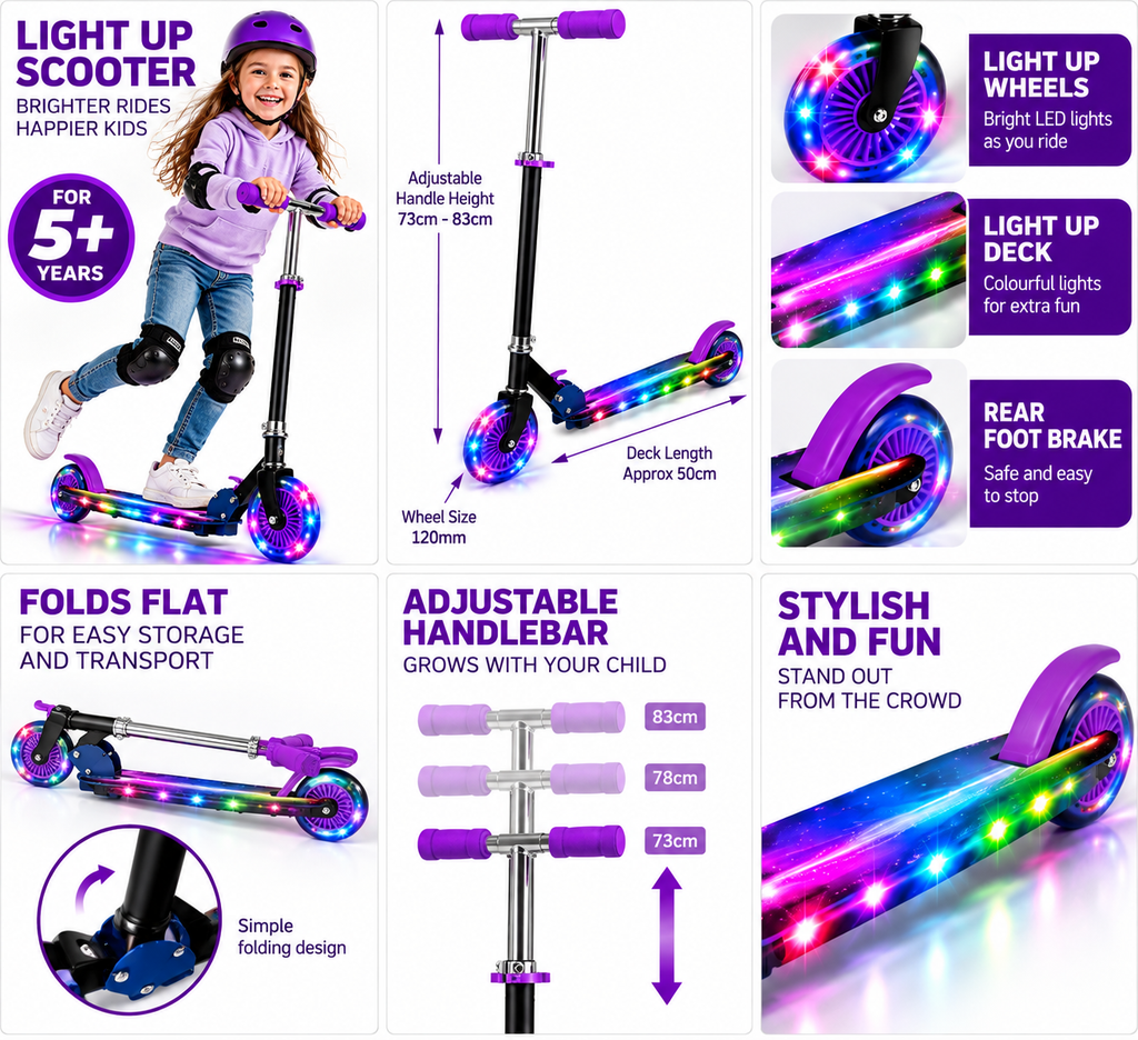 Kids LED light up scooter for ages 5+ with adjustable handlebar, 120mm light up wheels, illuminated deck, rear foot brake and folding design