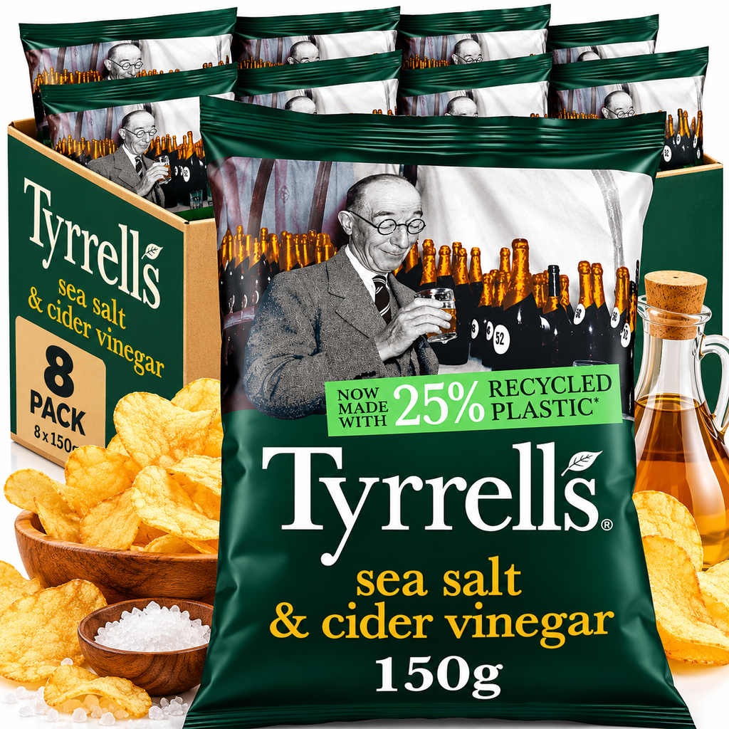 Tyrrells Sea Salt and Cider Vinegar Crisps 150g x 8 Large Sharing Bags Bulk Box