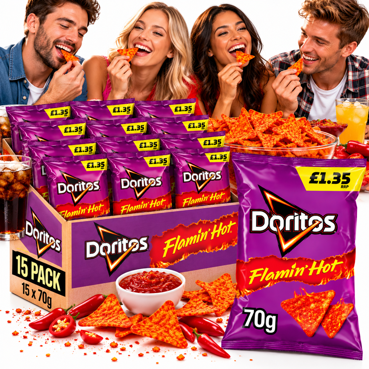 Doritos Flamin’ Hot Tortilla Chips 15 x 70g Price Marked Packs Spicy Crisps Case