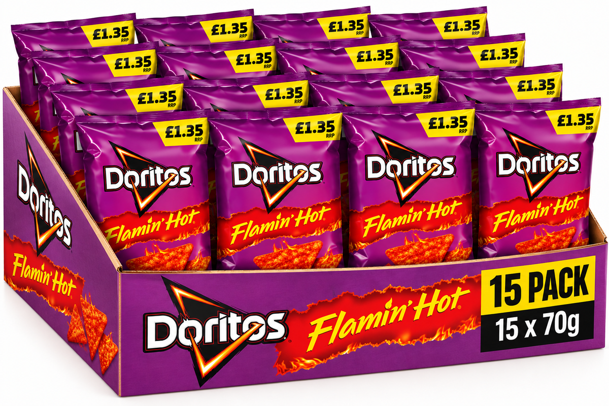 Doritos Flamin’ Hot Tortilla Chips 15 x 70g Price Marked Packs Spicy Crisps Case