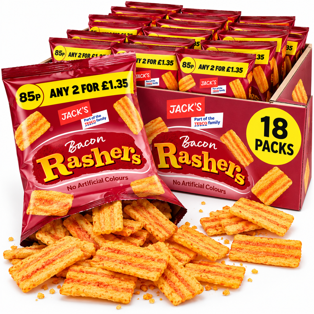 18 x Jack’s Bacon Rashers Crisps Snacks – Smoky Bacon Flavour Bulk Case Packs