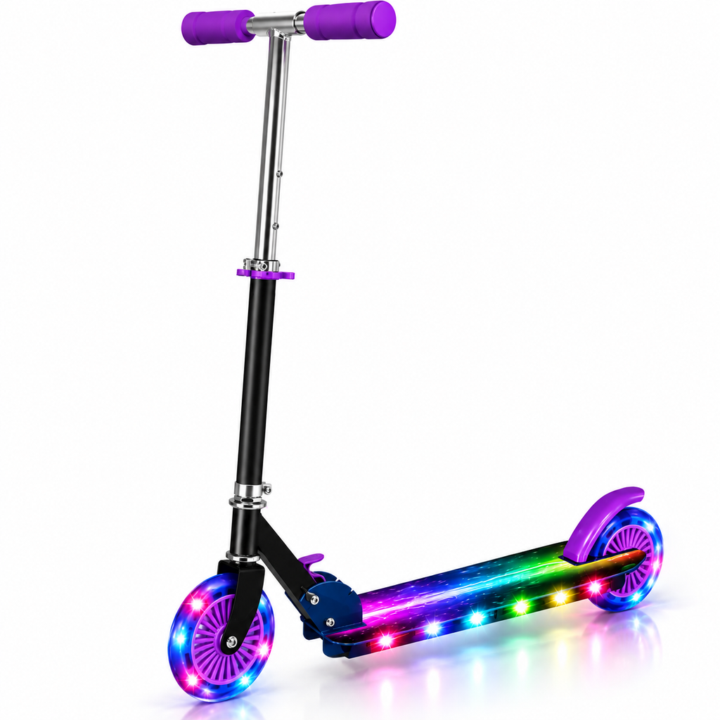 Purple kids LED light up scooter with adjustable handlebar, colourful illuminated wheels and light up deck on a white background