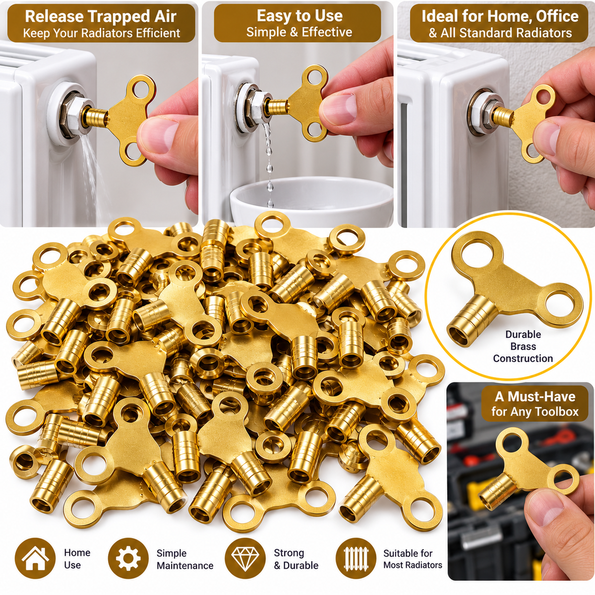 Marksman 100 Bleed Keys for Radiators Solid Brass Universal Bleed Keys