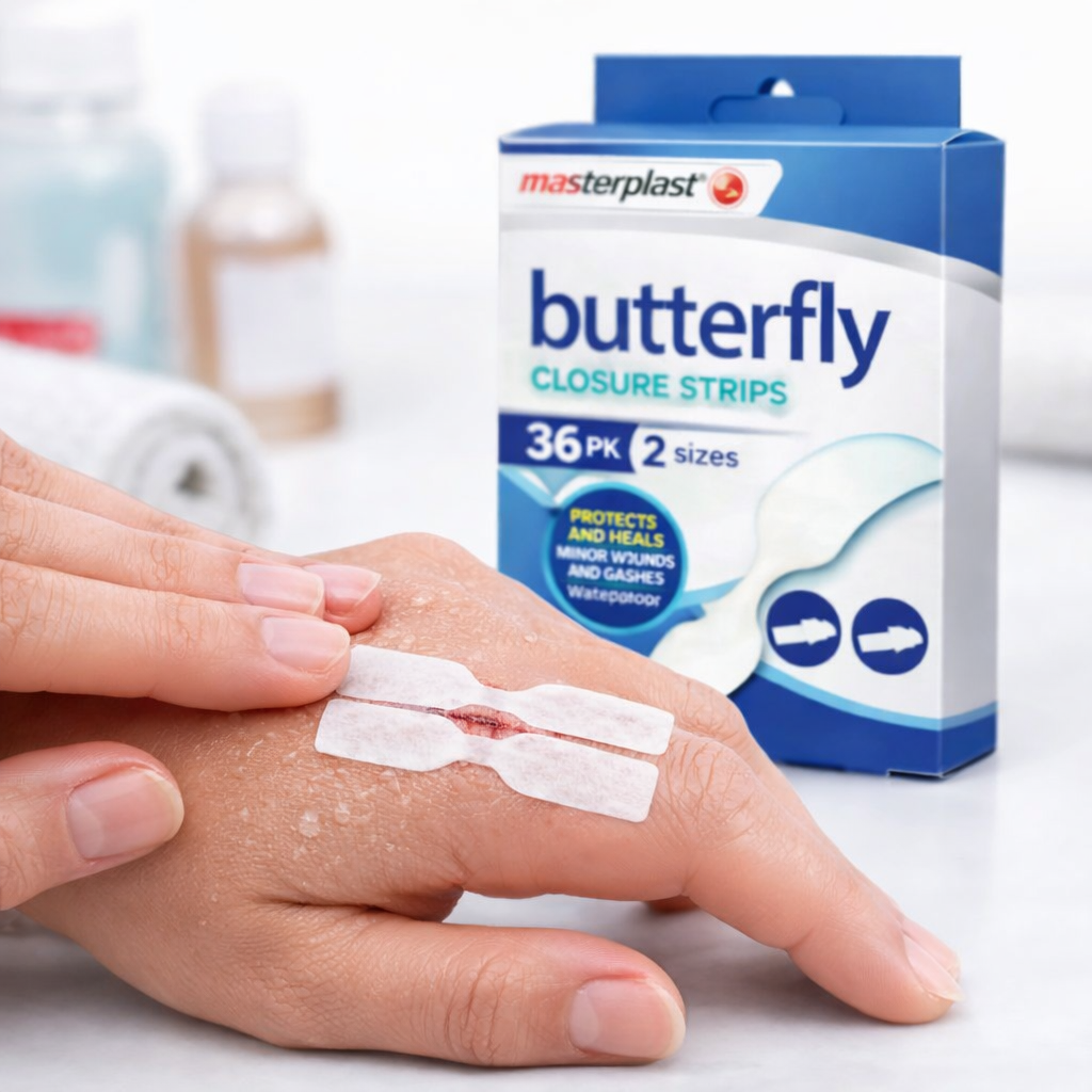 Masterplast Butterfly Closure Strips 36 Pack – Waterproof Wound Closures (2 Sizes)