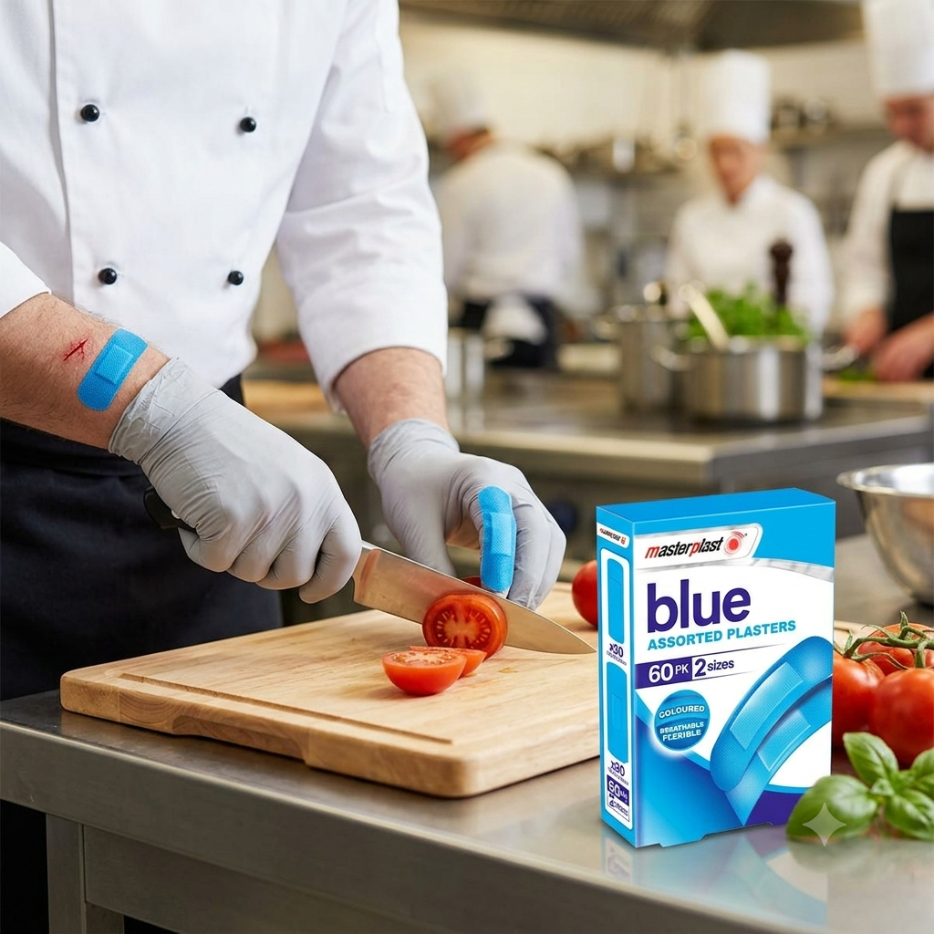 Masterplast Blue Assorted Plasters – 60 Pack Detectable Catering Bandages in 2 Sizes