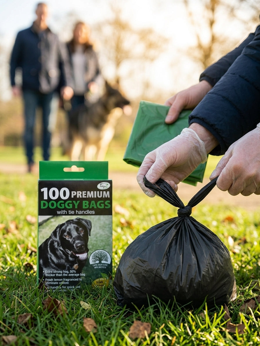 TidyZ Premium Doggy Bags with Tie Handles – Extra Strong Lemon Fragranced Black Pet Poop Bags