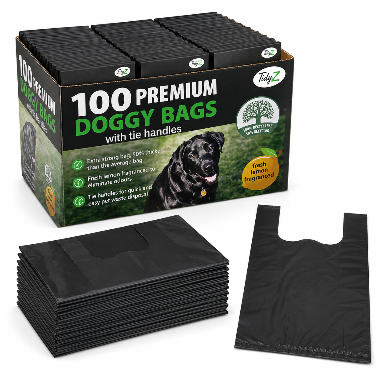 Premium Lemon‑Scented Dog Poop Bags – Extra Strong Black Bags with Tie Handles