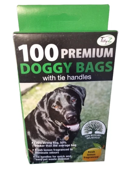 TidyZ Premium Doggy Bags with Tie Handles – Extra Strong Lemon Fragranced Black Pet Poop Bags