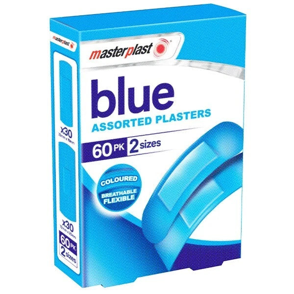 Masterplast Blue Assorted Plasters – 60 Pack Detectable Catering Bandages in 2 Sizes