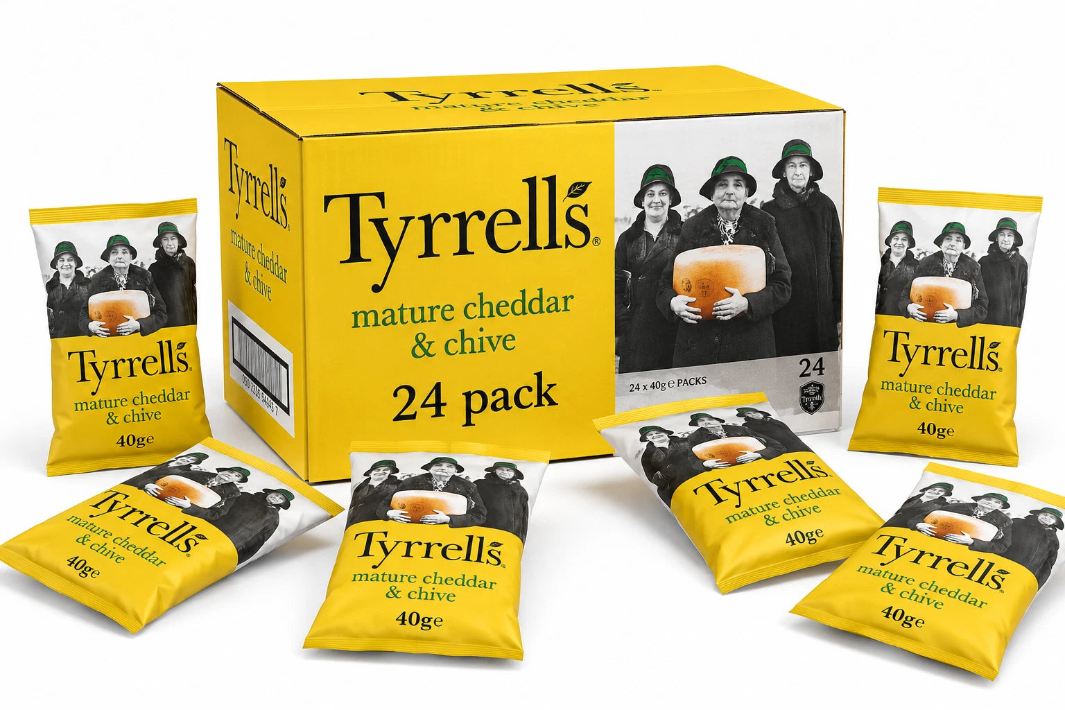 Tyrrells Mature Cheddar & Chive Crisps 40g x 24 Pack | Hand Cooked Premium Bulk