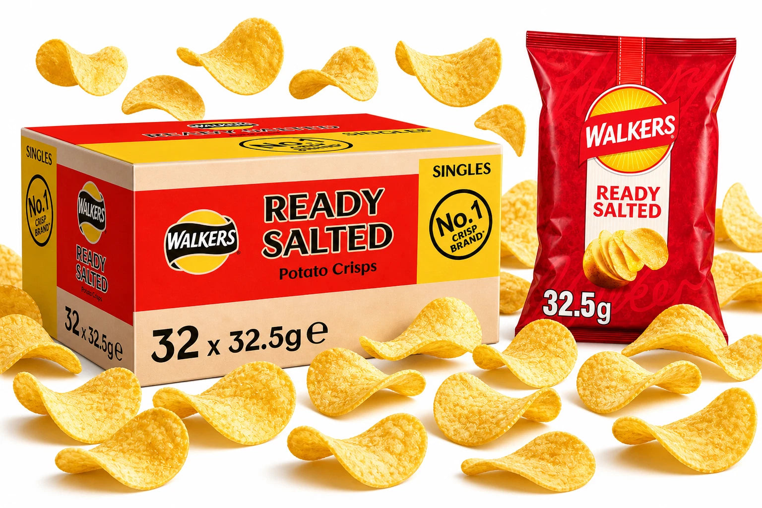 Walkers Ready Salted Crisps Case of 32 × 32.5g – Classic British Snack, 100% Great British Potatoes