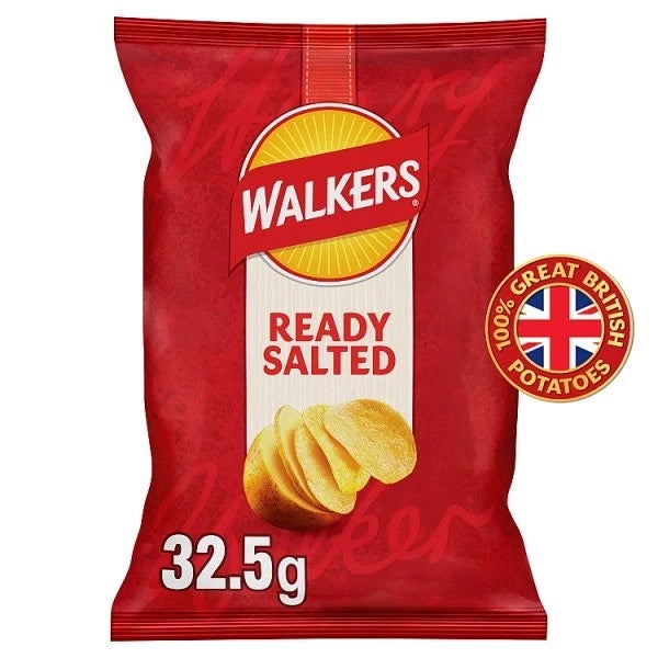 Walkers Ready Salted Crisps Case of 32 × 32.5g – Classic British Snack, 100% Great British Potatoes