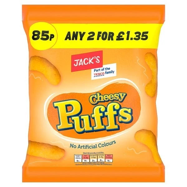 Jack’s Cheesy Puffs – Case of 18 Bulk Snack Packs (85p PMP)