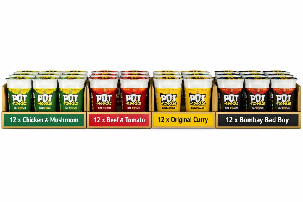 Pot Noodle Case 12 x Chicken & Mushroom, Beef & Tomato, Curry, Bombay Bad Boy