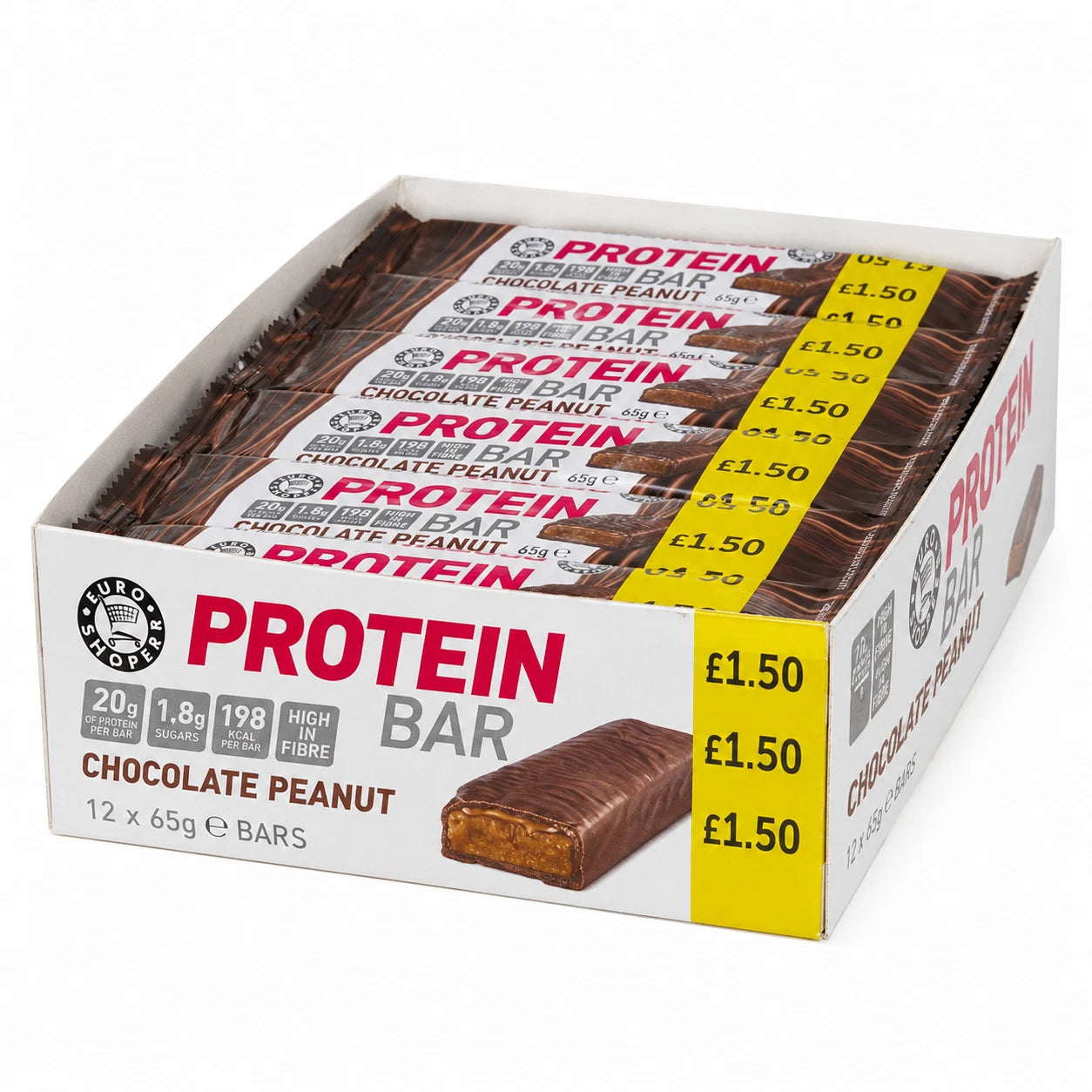 Euro Shopper High Protein Bar Chocolate PEANUT 65g -Full Box of 12 | 20G Protein